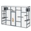 Wooden Cat Enclosure with 6 Jumping Platforms, 2 Cat Condos, Cat Bridge and Scratching Board, Gray