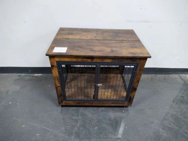 Furniture Style Dog Crate Side Table on Wheels with Double Doors and Lift Top. Rustic Brown, 31.50'' W x 22.05'' D x 25'' H. (Color: as Pic)